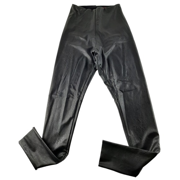 Commando Control Black Faux Leather High Waist Leggings Raw Hem Slimming L - Picture 1 of 8